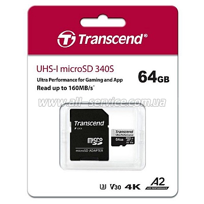   64GB Transcend microSDXC UHS-I U3 V30 A2 + SD  (TS64GUSD340S)