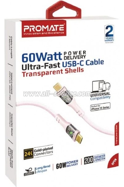 ���� ������ USB-C to USB-C 1.2m 60W PD TransLine-CC pink Promate (transline-cc.pink)