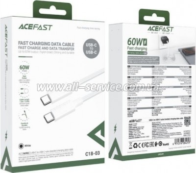 ���� ������ USB-C to USB-C 1.2m 3A white Acefast (6974316284253)