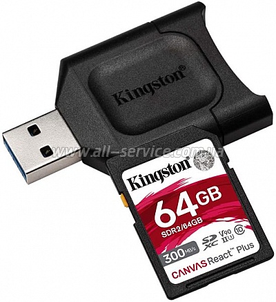   Kingston SDXC 64GB Canvas React Plus Class 10 UHS-II U3 V90 + USB- (MLPR2/64GB)