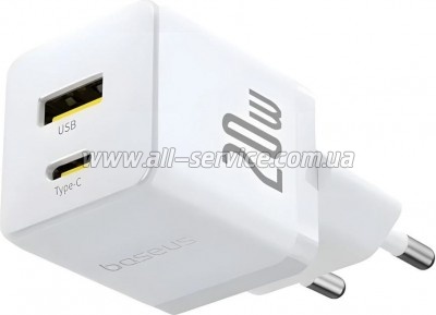 �������� ������� Baseus 1xUSB-C 20W + 1xUSB white + cable USB-C to USB-C 60W 1.0m (P10111608213-01)