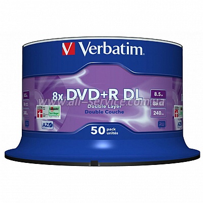 DVD+R Verbatim 8.5 GB/240 min 8x Double Layer (50 pcs Cake Box, 43758)