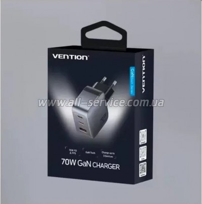 �������� ������� Vention 1xUSB-C PD70W + 1xUSB QC3.0 22.5W GaN + cable USB-C to USB-C 1.0m 5A gray (TZ-FCGH0-EU)