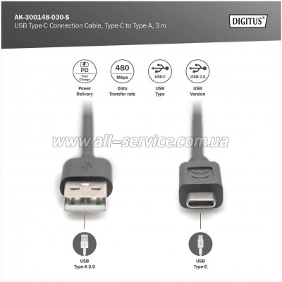 ���� ������ USB 2.0 AM to USB-C 3.0m black Digitus (AK-300148-030-S)