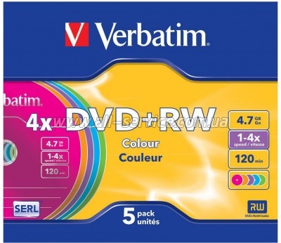 ���� Verbatim DVD+RW 4.7Gb 4x SlimCase 5�� Color (43297)