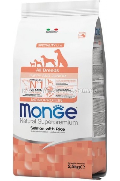 Сухой корм для собак Monge Dog All breeds Puppy&Junior со вкусом лосося и риса 2.5 кг (8009470011204) Сухой корм для собак Monge Dog All breeds Puppy&Junior со вкусом лосося и риса 2.5 кг (8009470011204)