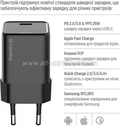 �������� ������� ColorWay GaN Mini 25W PD Port PPS USB-C black (CW-CHS052PD-BK)