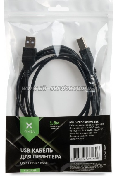 ������ ��� �������� Vinga USB 2.0 AM/ BM 1.8� (VCPDCAMBM1.8BK)
