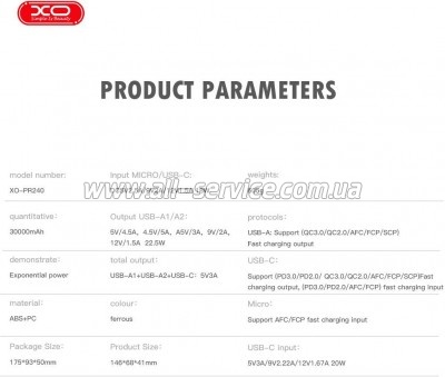 ������� ������������� XO 30000mAh, PD/20W, QC/22.5W, with light, black (PR240_Black)