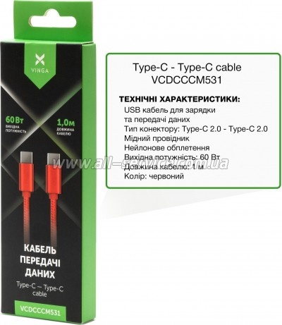 ���� ������ USB-C to USB-C 1.0m 60W Nylon Red Vinga (VCDCCCM531)