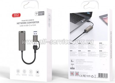 ������� USB-C + USB A to RJ45 Ethernet 100Mbps XO (HUB018.black)