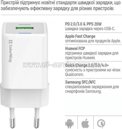�������� ������� ColorWay USB-C PD20W + 1xUSB QC4.0 white (CW-CHS062PD-WT)