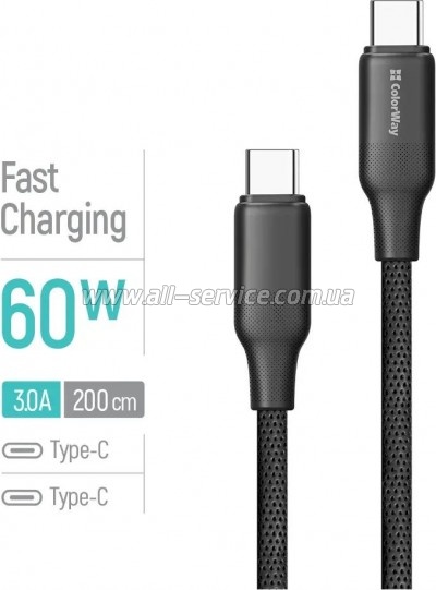 ���� ������ USB-C to USB-C 2.0m 3A 60W TPE embossed black ColorWay (CW-CBPDCC102-BK)