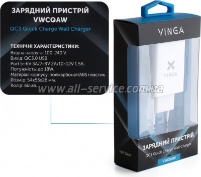 �������� ������� Vinga QC3.0 Quick 1xUSB 18W Max (VWCQAW)