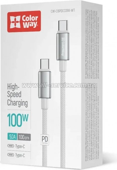 ���� ������ USB-C to USB-C 1.0m 5A 100W zinc alloy braided white ColorWay (CW-CBPDCC098-WT)