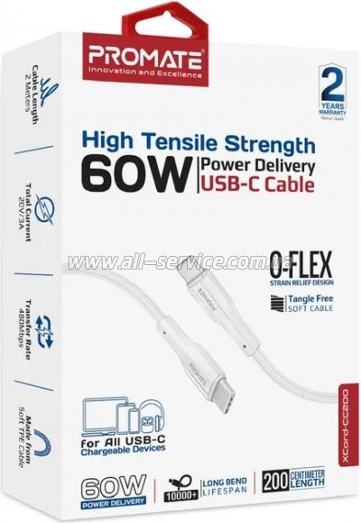 ���� ������ USB-C to USB-C 2.0m 3A xCord-CC200 white Promate (xcord-cc200.white)