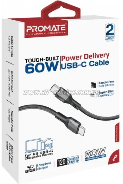 ���� ������ USB-C to USB-C 1.2m 60W PD FletchLink-CC black Promate (fletchlink-cc.black)