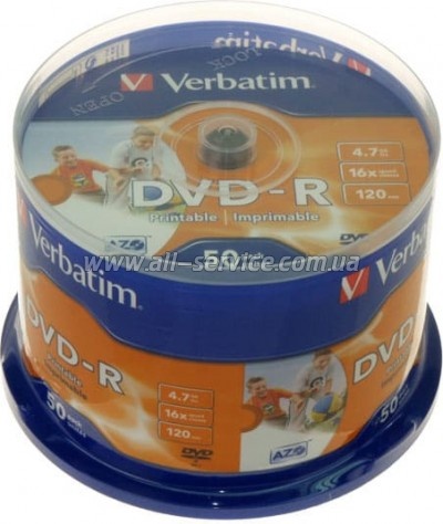���� DVD-R Verbatim 4.7Gb 16X CakeBox 50�� AZO Wide Inkjet Printable (43533)