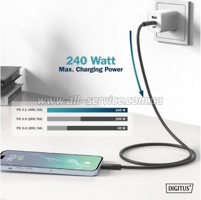���� ������ USB-C to USB-C 2.0m USB 4.0 Gen2 20G 240W 8K silicone black Digitus (AK-300344-020-S)