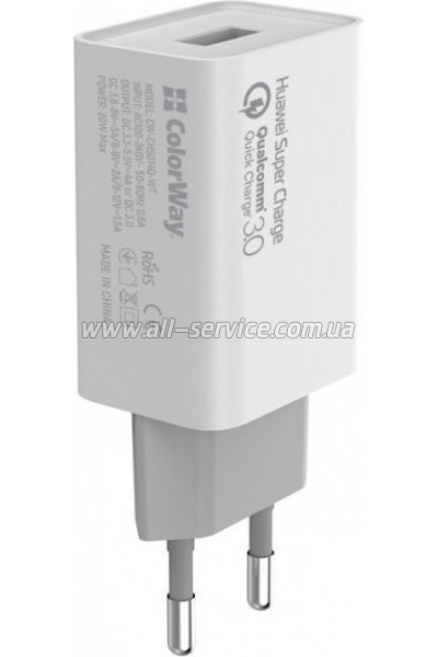   Colorway 1USB Huawei Super Charge/ Quick Charge 3.0. 4A 20W (CW-CHS014Q-WT)