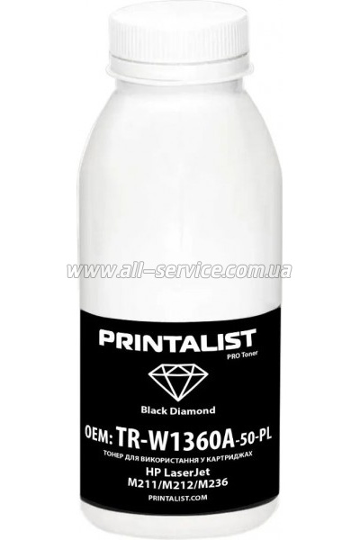 Тонер PRINTALIST HP LJ M211/ M212/ M236 бутль 50г (TR-W1360A-50-PL) Тонер PRINTALIST HP LJ M211/ M212/ M236 бутль 50г (TR-W1360A-50-PL)