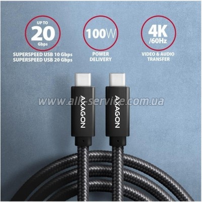 ���� ������ USB-C to USB-C 2.0m USB 3.2 Gen 2 PD 100W 5A 4K black AXAGON (BUCM32-CM20AB)