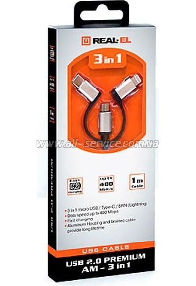 ���� ������ USB 2.0 AM to Lightning + Micro 5P + USB-C 1.0m black REAL-EL (EL123500035)