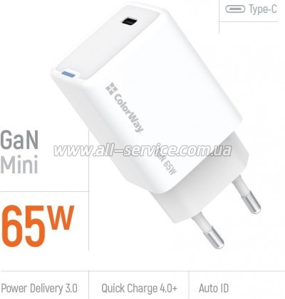 �������� ���������� ColorWay GaN Mini 65W PD Port PPS USB-C white (CW-CHS049PD-WT)