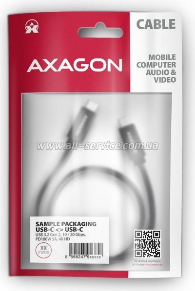 ���� ������ USB-C to USB-C 2.0m USB 3.2 Gen 2 PD 100W 5A 4K black AXAGON (BUCM32-CM20AB)