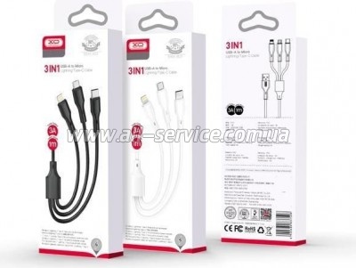 ���� ������ USB 2.0 AM to Lightning + Micro 5P + USB-C 1.0m 2.4A XO (CB-23U3)