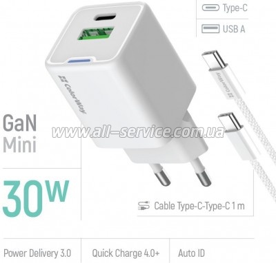 �������� ������� ColorWay GaN Mini 30W PD (CW-CHS053PDC-WT)