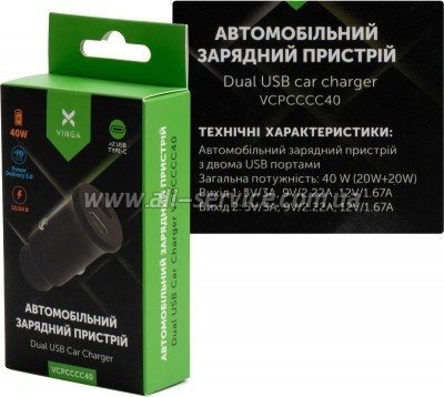 �������� ������� Vinga 40W PD 2xUSB-C Car Charger (VCPCCCC40)