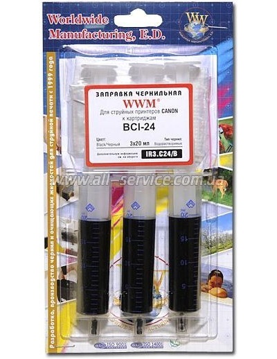 Заправочный набор WWM Canon BCI-24 3шт x 20мл Black водорастворимые (IR3.C24/B) Заправочный набор WWM Canon BCI-24 3шт x 20мл Black водорастворимые (IR3.C24/B)