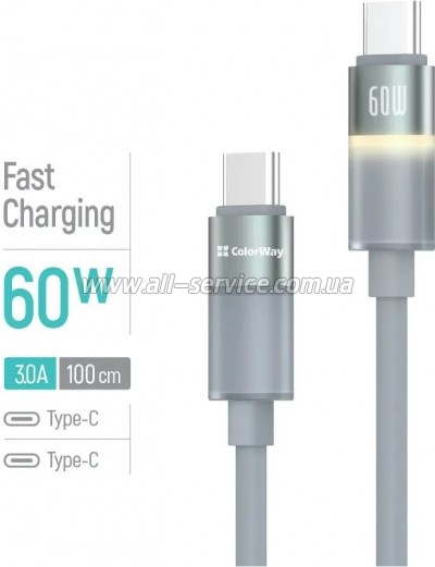 ���� ������ USB-C to USB-C 1.0m 3A 60W warm light gray ColorWay (CW-CBPDCC092-GR)