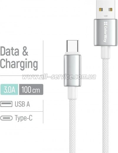 ���� ������ USB 2.0 AM to USB-C 1.0m 3A zinc alloy braided white ColorWay (CW-CBUC098-WT)