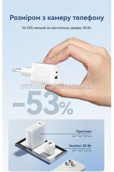 �������� ������� Vention 1xUSB-C PD30W + 1xUSB QC3.0 30W GaN + cable USB-C to USB-C 1.0m white (TZ-FEQW0-EU-01)