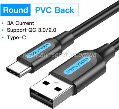 ���� ������ USB 2.0 AM to USB-C 1.0m 3A black Vention (COKBF)