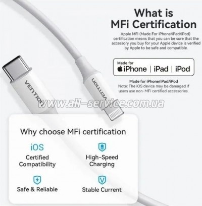 ���� ������ USB-C to Lightning 1.0m 3A white Vention (LAKWF)