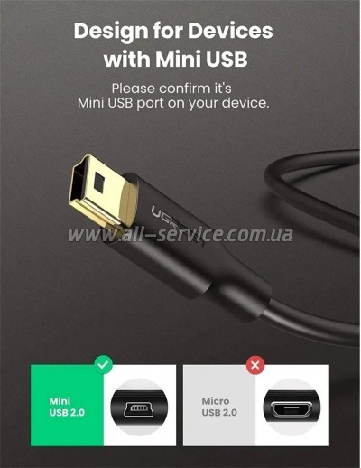 ���� ������ USB 2.0 AM to Mini 5P 3.0m 2A PVC black Ugreen (UGR-10386)