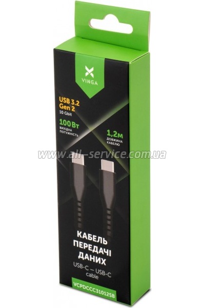���� ������ USB-C to USB-C 1.2m UBS3.2 Gen2 10G 100W Chip Silicon Black Vinga (VCPDCCC31012SB)