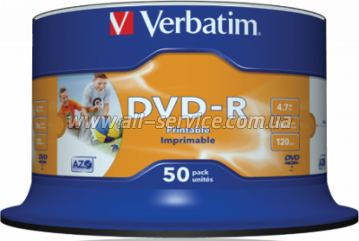 ���� Verbatim DVD-R 4.7Gb 16X CakeBox 50�� AZO Wide Inkjet Printable (43533)