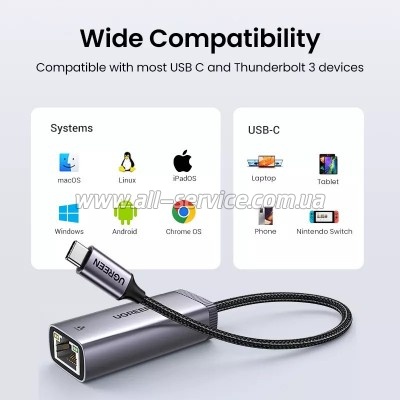 ������� USB-C to RJ45 Ethernet 1000Mbps gray Ugreen (40322)