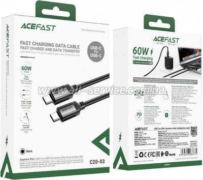 ���� ������ USB-C to USB-C 1.2m 3A aluminum alloy C20-03 Black Acefast (6974316283775)