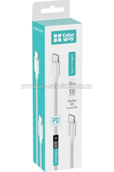 ���� ������ USB-C to USB-C 2.0m 5A 100W zinc alloy braided white ColorWay (CW-CBPDCC099-WT)