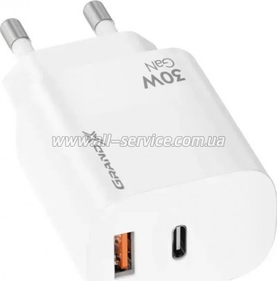 �������� ������� Grand-X GaN 1xUSB-C + 1xUSB QC3.0 36W white (CH-360W)