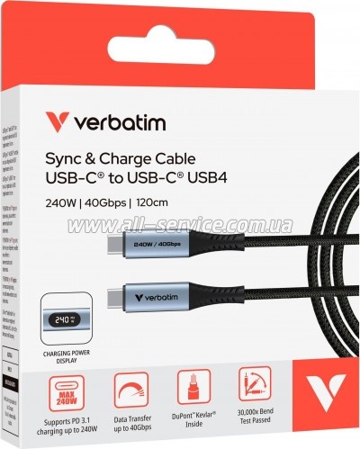 ���� ������ USB-C to USB-C 1.2m with display 240W black Verbatim (31849)