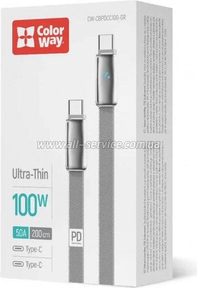 ���� ������ USB-C to USB-C 1.0m 5A 100W ultra-thin gray ColorWay (CW-CBPDCC100-GR)
