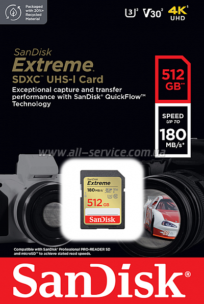   SanDisk 512GB SD class 10 UHS-I U3 V30 Extreme (SDSDXVV-512G-GNCIN)