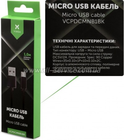 ���� ������ USB 2.0 AM to Micro 5P 1m nylon black Vinga (VCPDCMNB1BK)