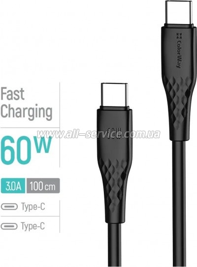 ���� ������ USB-C to USB-C 1.0m 3A 60W textured PVC black ColorWay (CW-CBPDCC094-BK)
